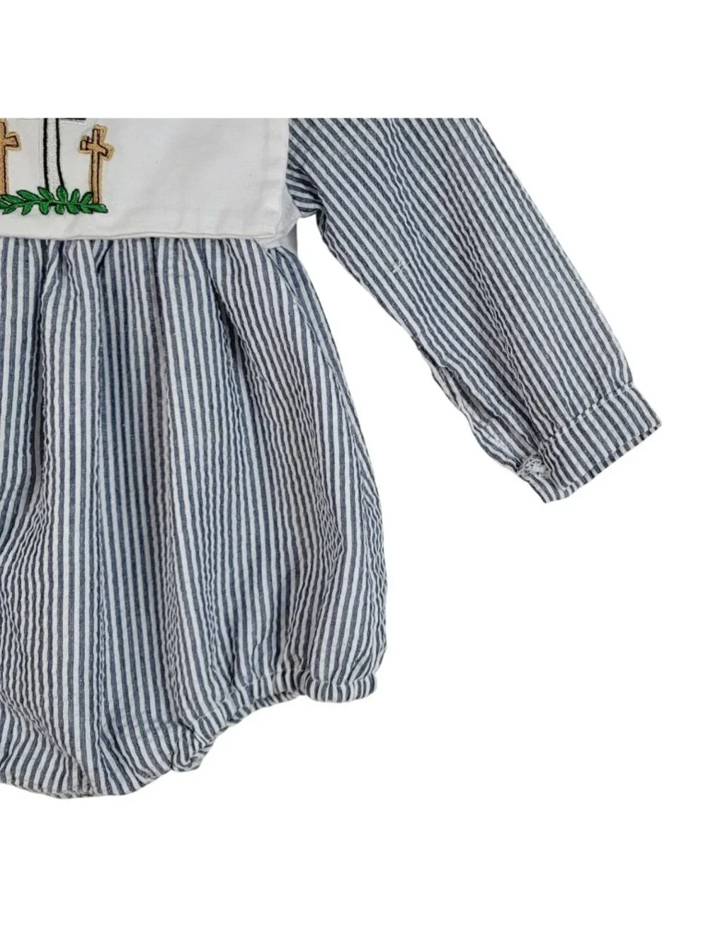 Dapperly Done Baptism Romper Blue White 6-12M Striped Seersucker Long Sleeve